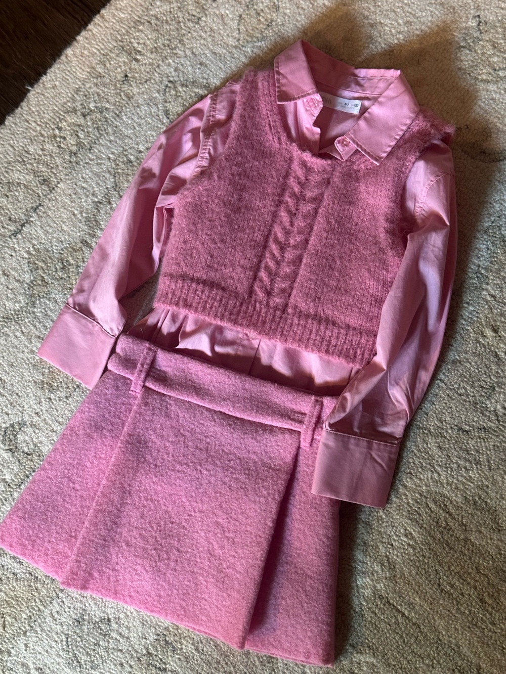 Zara Girls Pink Shirt Sweater Vest & Skirt 3-Piece Set Size 6-7